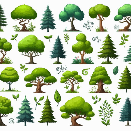 Set of different trees and plants isolated on white background. Vector illustration.のイラスト素材