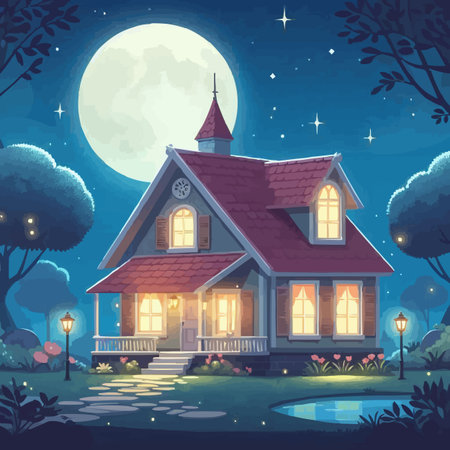 Vector illustration of a cartoon house in the forest at night with full moonのイラスト素材