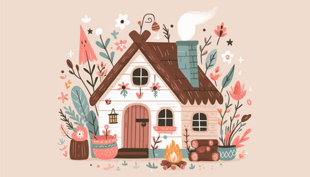 Cute house with flowers. Vector illustration in scandinavian style.のイラスト素材