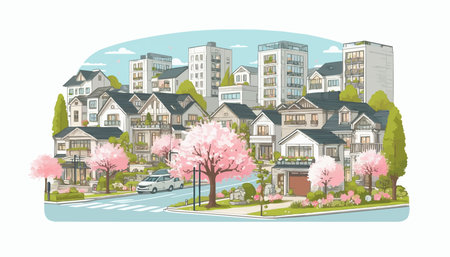 City landscape with houses and cherry blossom trees. Vector illustration.のイラスト素材