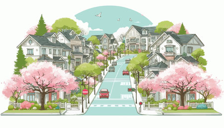 Town street with blooming cherry trees, houses and birds. Vector illustration.のイラスト素材