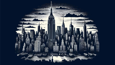 Illustration of New York City skyline in black and white colors.のイラスト素材