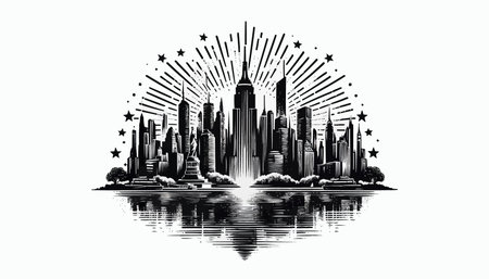 City skyline on a white background with starburst. Vector illustration.のイラスト素材