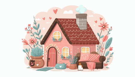 Cute house with flowers and plants. Vector illustration in cartoon style.のイラスト素材