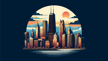 Chicago skyline with skyscrapers in the evening. Vector illustration.のイラスト素材