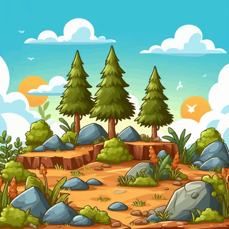 Nature landscape background with trees and grass. Cartoon style vector illustration.のイラスト素材