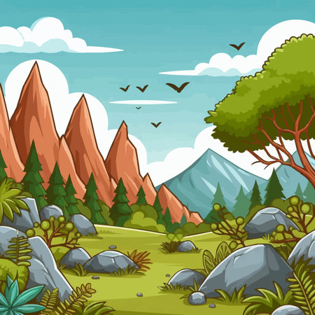 Nature scene with mountains and trees illustration. EPS 8 vector file includedのイラスト素材
