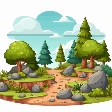 Nature scene with green trees and rocks illustration vector on white background.のイラスト素材