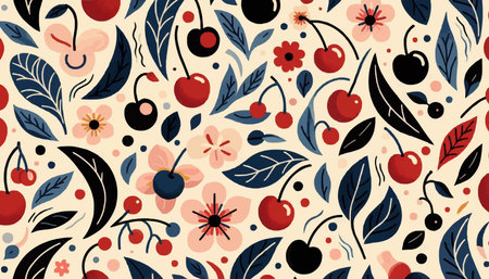 Cherry seamless pattern with leaves and berries. Vector hand drawn illustration.のイラスト素材