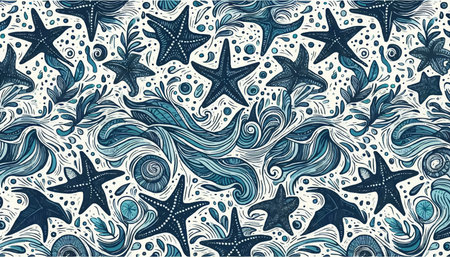 Seamless sea pattern with starfishes and seaweed. Vector illustrationのイラスト素材
