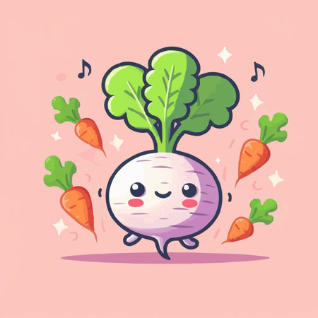 Cute kawaii turnip cartoon character with carrot vector illustration.