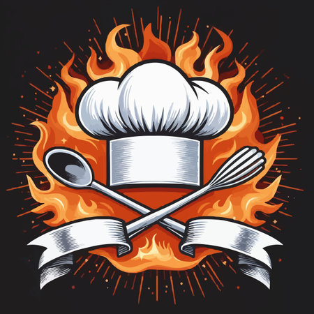 Chef hat with spoon and fork on fire. Vector illustration.のイラスト素材