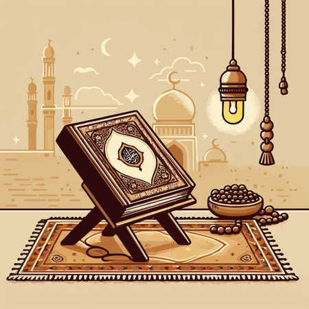 Illustration of Ramadan Kareem greeting card with mosque, carpet and rosaryのイラスト素材