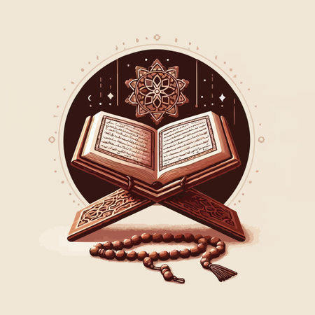 Vector illustration of Ramadan Kareem greeting card with holy book of Koran and rosaryのイラスト素材