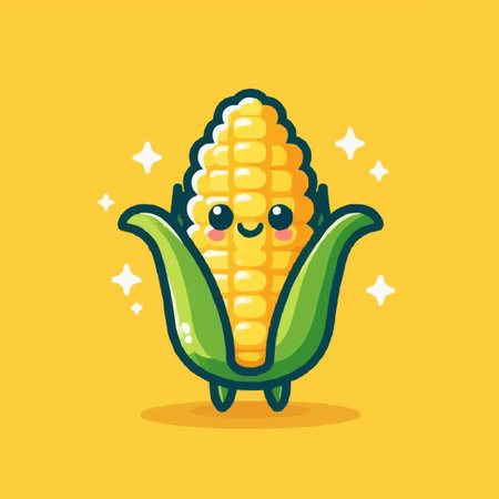 Cute corn character design. Vector flat cartoon illustration. Isolated on yellow backgroundのイラスト素材