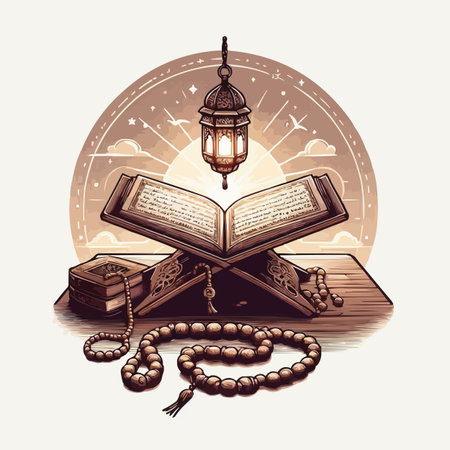 Vector illustration of Ramadan Kareem greeting card with holy book of Koran and rosary.のイラスト素材
