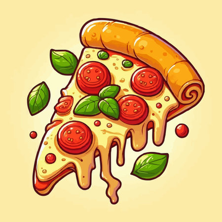 Pizza slice with pepperoni, tomato and basil. Vector illustration.のイラスト素材