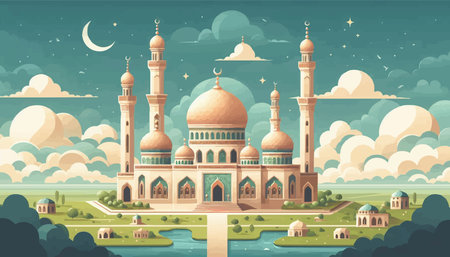 Mosque on the river bank. Vector illustration in flat style.のイラスト素材