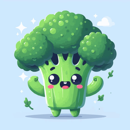 Cute happy green broccoli character. Vector cartoon illustration. Vegetarian food.のイラスト素材