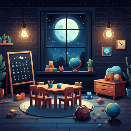 Interior of children room at night. Vector illustration in cartoon styleのイラスト素材