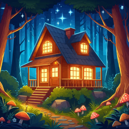 Cottage in the forest at night. Cartoon style vector illustration.のイラスト素材