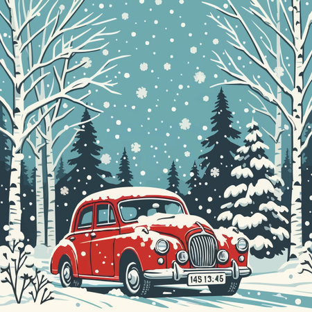 Vintage car in winter forest. Vector illustration in retro style.のイラスト素材