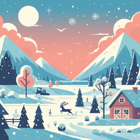 Winter landscape with mountains, forest and houses. Flat style vector illustration.のイラスト素材