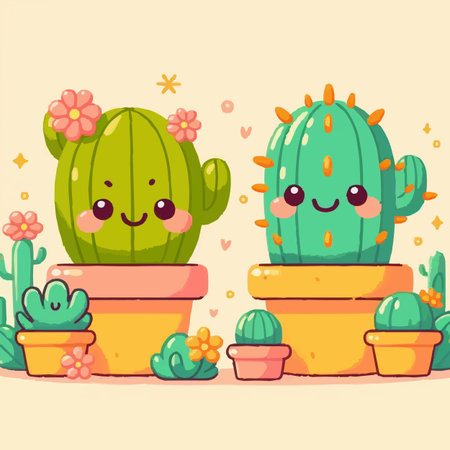 Cute cartoon cacti in flower pots. Vector illustration.のイラスト素材