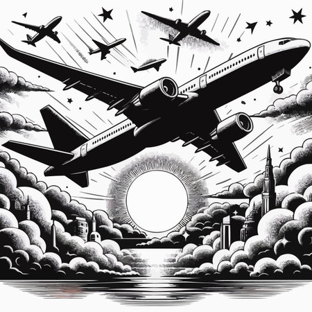 Traveling by air. Airplane in the sky. Vector illustration.のイラスト素材