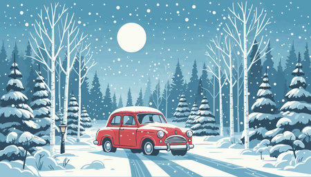 Retro car in the winter forest. Winter landscape. Vector illustration.のイラスト素材