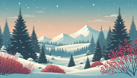 Winter landscape with forest, mountains and snowflakes. Vector illustration.のイラスト素材