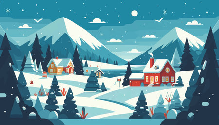 Winter landscape with village and snow. Christmas and New Year vector illustrationのイラスト素材
