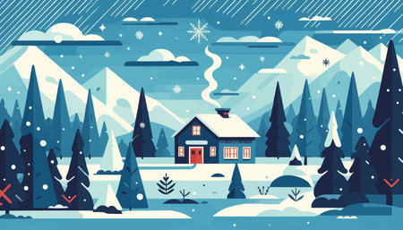 Winter landscape with house and snowflakes. Vector illustration in flat styleのイラスト素材
