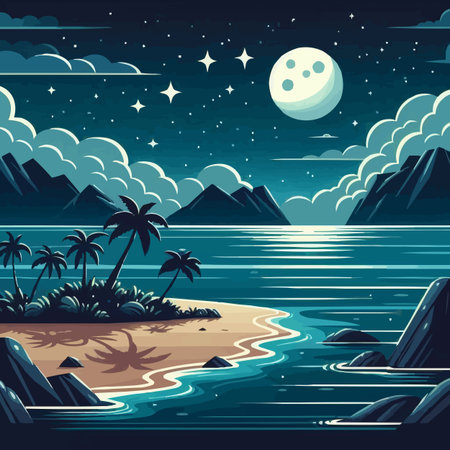 Illustration of a night beach with palm trees and a full moonのイラスト素材