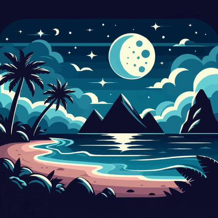 Tropical beach with palms and mountains at night, vector illustrationのイラスト素材