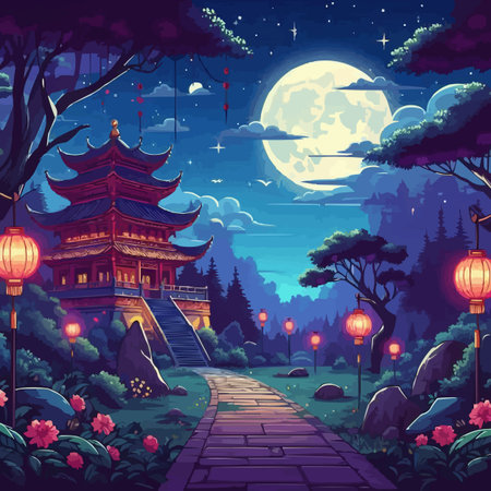 Night landscape with pagoda, moon and lanterns. Vector illustrationのイラスト素材