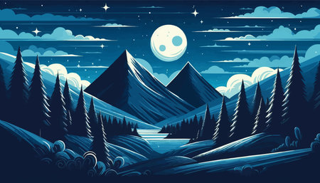 Mountain landscape at night. Vector illustration in a flat style.のイラスト素材