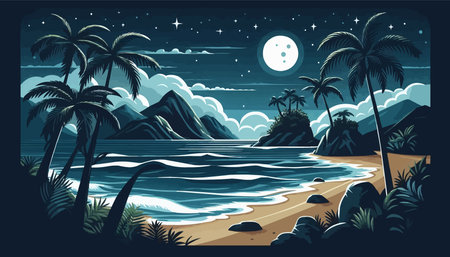 Tropical beach at night. Vector illustration in flat style.のイラスト素材
