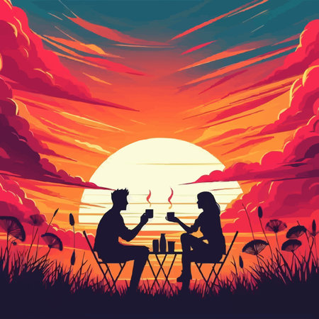 Couple in love on picnic at sunset. Vector illustration in flat styleのイラスト素材