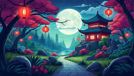 Chinese temple in the forest at night with full moon. Vector illustrationのイラスト素材