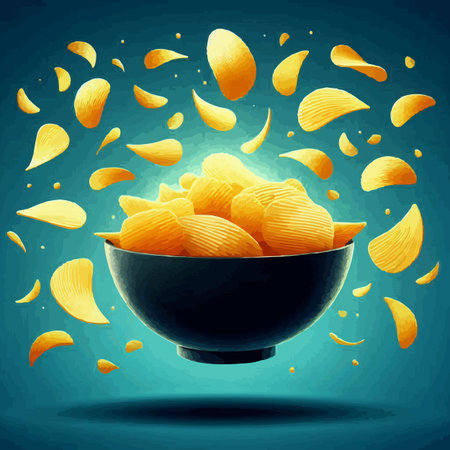 Potato chips in a bowl. Realistic vector illustration on dark blue background.のイラスト素材
