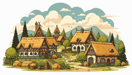 Vector illustration of a village with old wooden houses and thatched roofsのイラスト素材