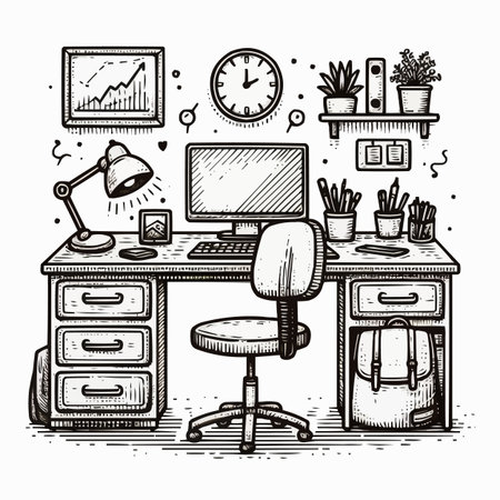 Desk with computer and office supplies. Hand drawn sketch. Vector illustrationのイラスト素材