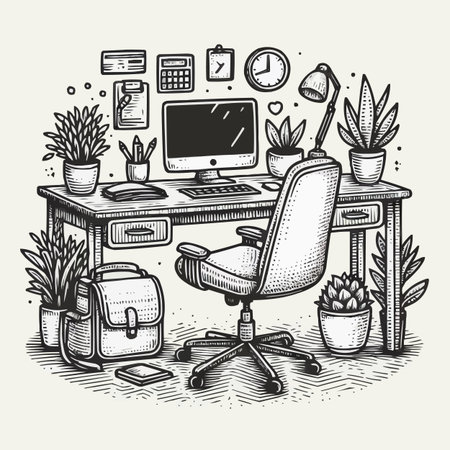 Workplace with computer and accessories. Hand drawn vector illustration in sketch style.のイラスト素材