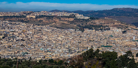 The ancient city of Fes, Morocco with its maze of streets and alleyways that make up the old city center.の写真素材