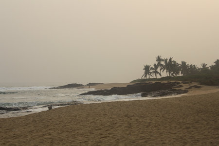 A rocky beach at sunset, with waves crashing against the rocks. The sky is a blend of warm hues, casting a golden glow over the scene and creating a serene and dramatic atmosphere.の写真素材