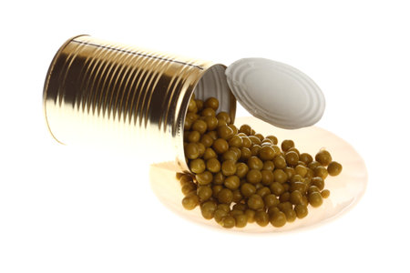 Tin openned a can of food canned, tinned peas isolated on white の写真素材