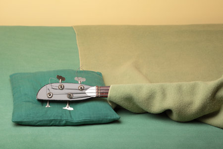 Guitar in green bed on thick blanketの写真素材