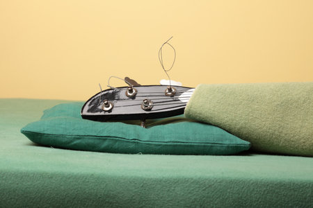 Guitar in green bed on thick blanketの写真素材