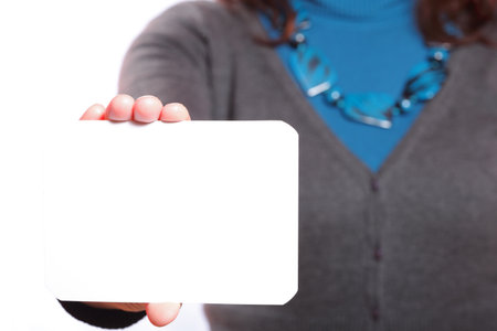 Blank of business card in woman handの写真素材